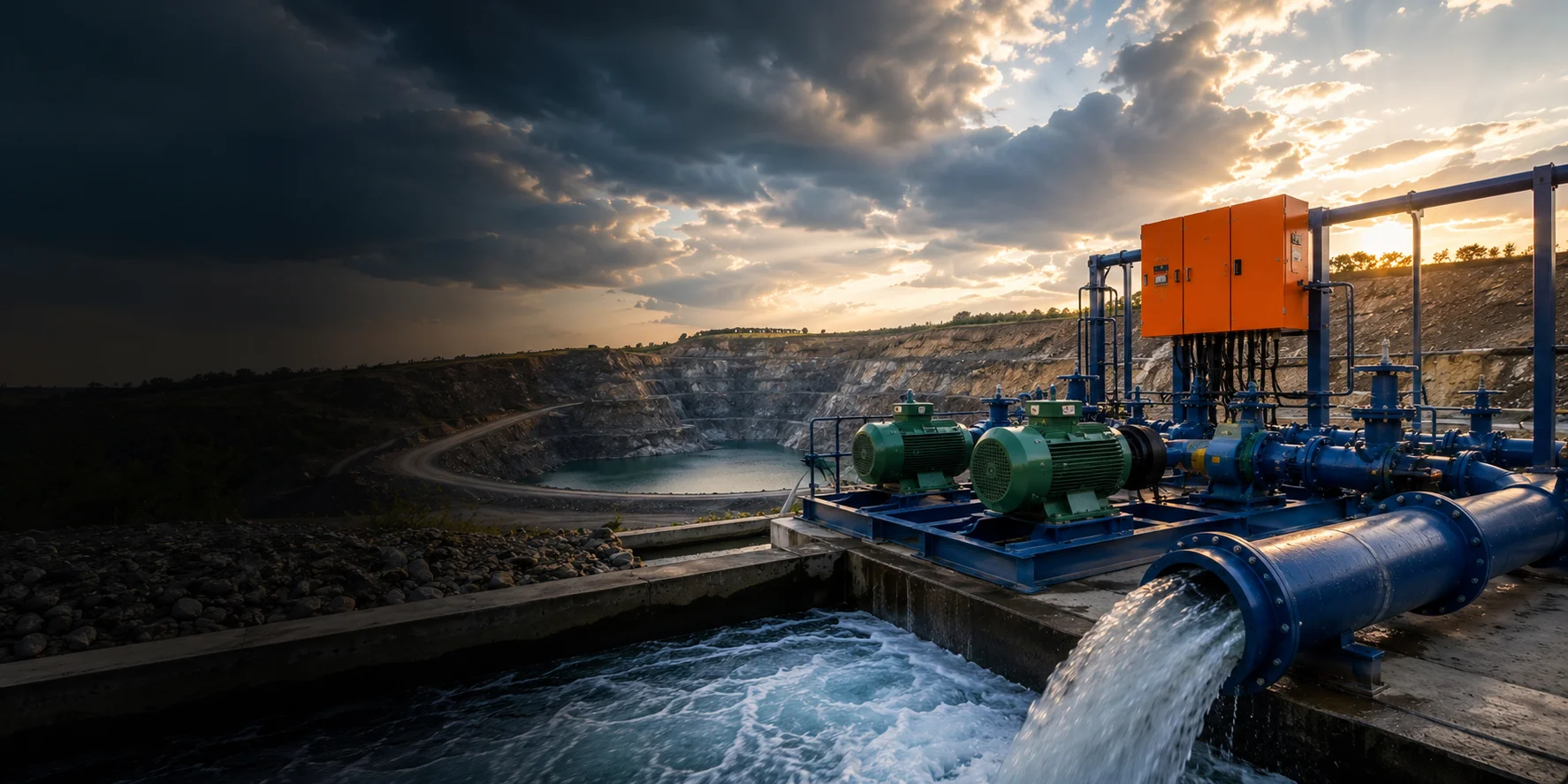 Lectropower pump station discharging water at a mine at dusk